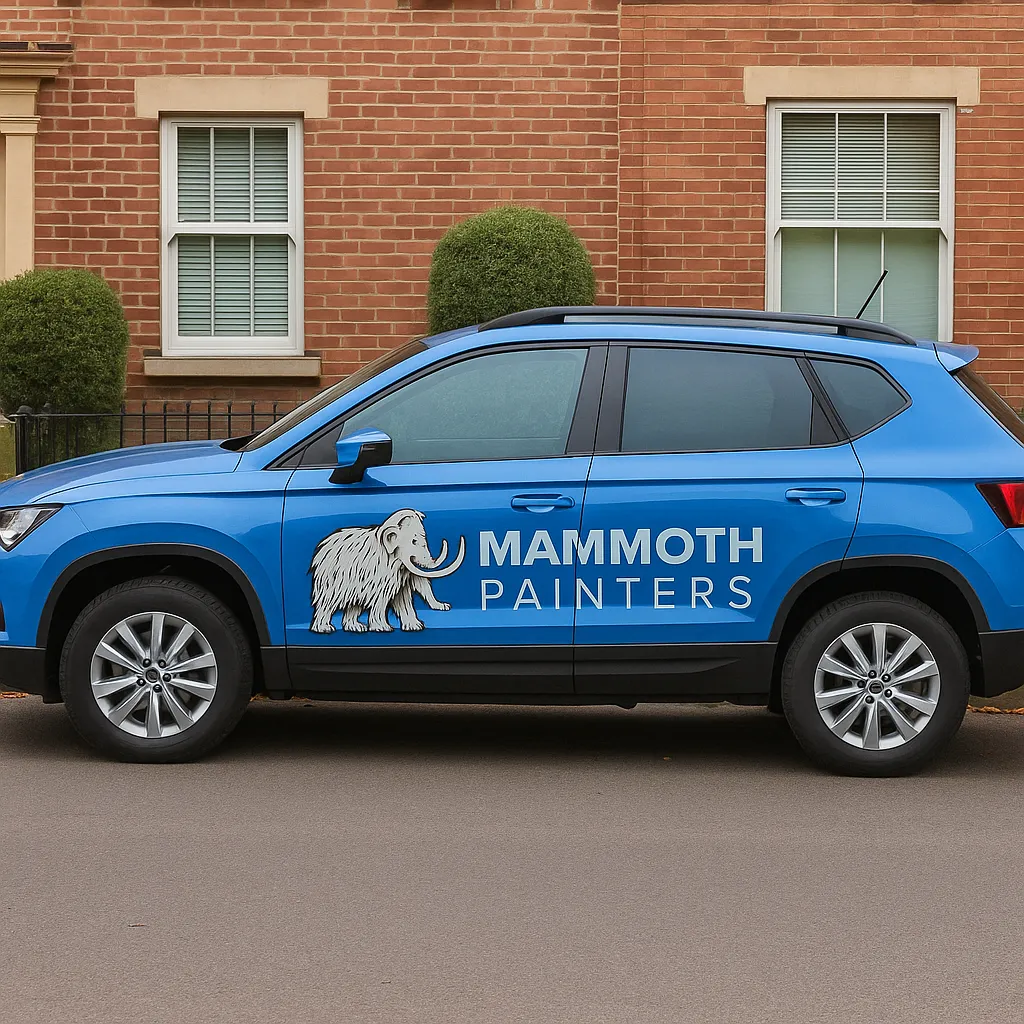 A blue car with Mammoth painters logo on it