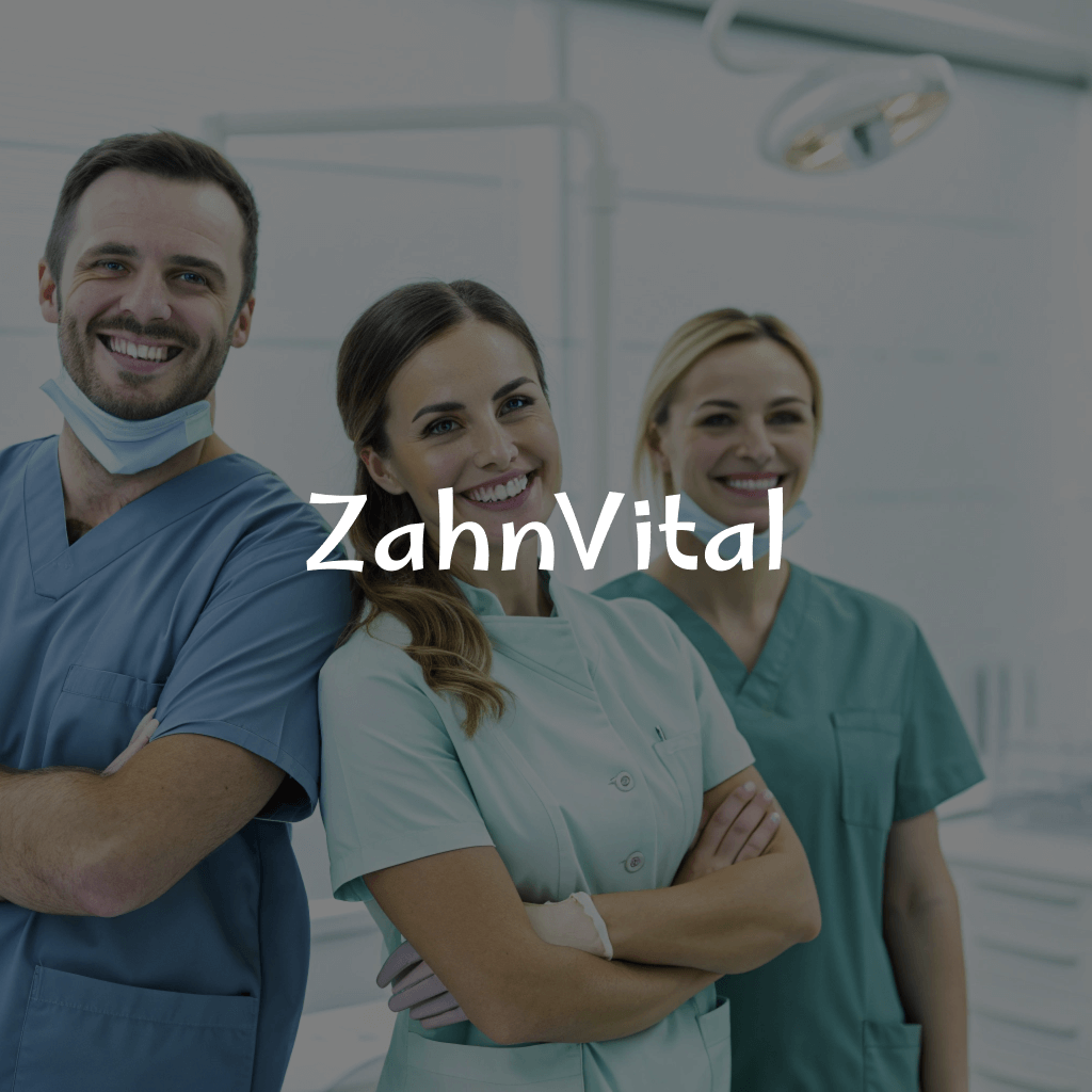 Link to open the dental clinik website, featuring a smiling dentist and staff of dental clinic