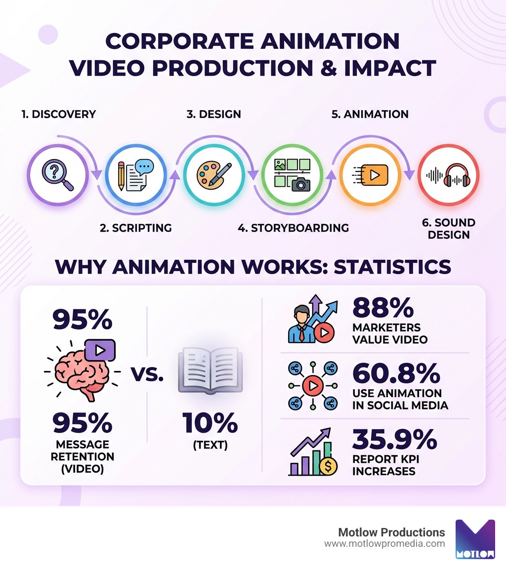 Infographic showing corporate animation video production process from discovery through scripting, design, storyboarding, animation, and sound design, plus statistics: 95% message retention from video vs 10% from text, 88% of marketers value video, 60.8% use animation in social media campaigns, and 35.9% report KPI increases from animated videos - corporate animation video infographic 