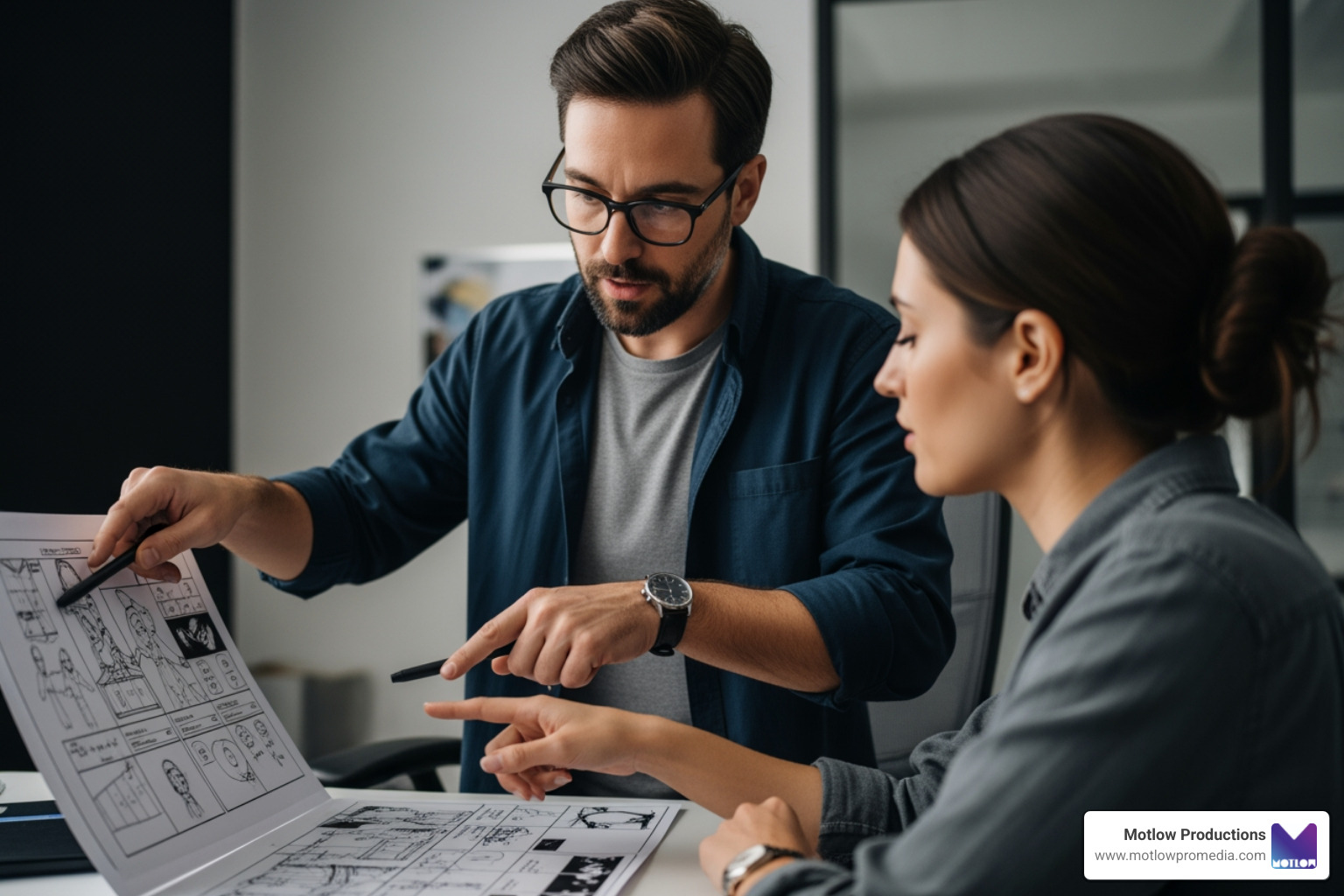 a director reviewing a storyboard with a client - Expert video production