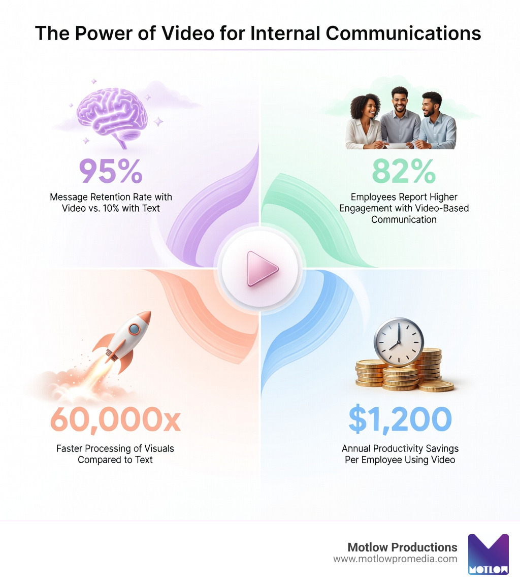 Infographic showing the impact of video for internal communications: 95% message retention with video compared to 10% with text, 82% of employees more engaged with video, visuals processed 60,000 times faster than text, and $1,200 annual productivity savings per employee - video for internal communications infographic Infographic showing the impact of video for internal communications: 95% message retention with video compared to 10% with text, 82% of employees more engaged with video, visuals processed 60,000 times faster than text, and $1,200 annual productivity savings per employee - video for internal communications infographic