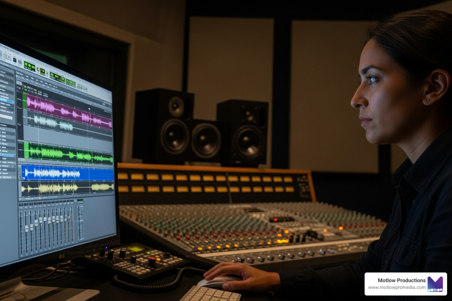 a sound engineer editing dialogue on a large screen - audio post production houses