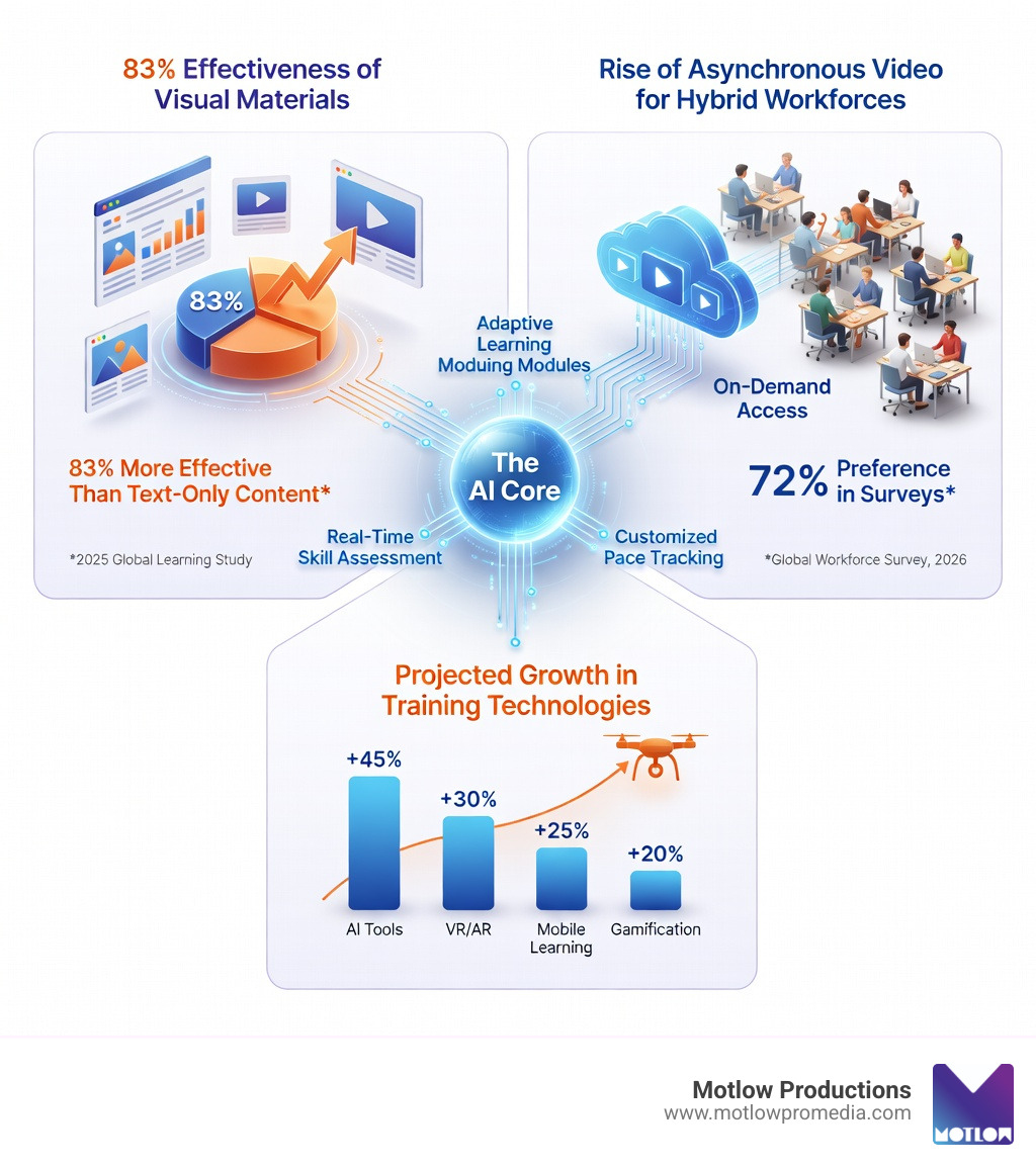 Infographic showing the future of training: AI-driven personalized learning paths, 83% effectiveness of visual materials, and the rise of asynchronous video for hybrid workforces - Employee training videos infographic 