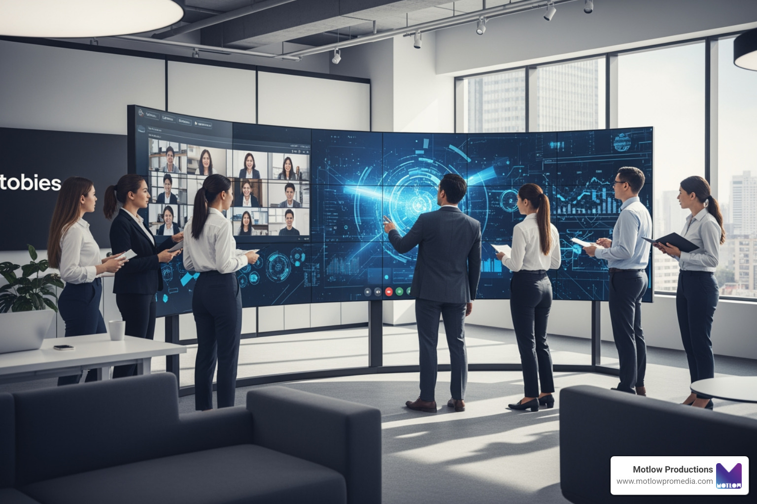 global team collaborating via a massive video wall in a sleek corporate office - corporate AV support global team collaborating via a massive video wall in a sleek corporate office - corporate AV support