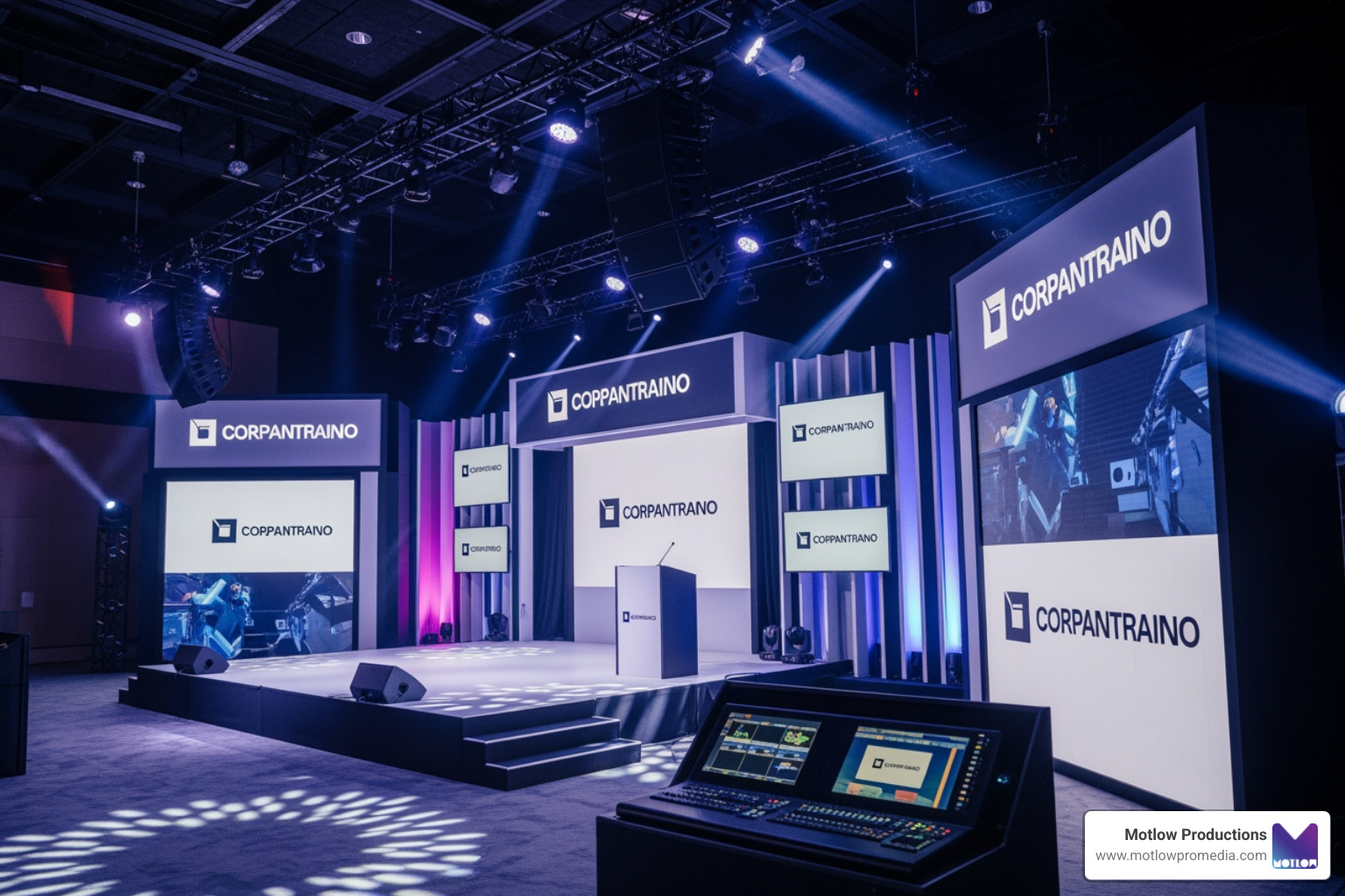 A custom-built exhibit and stage setup in a Nashville venue showing high-end branding and integrated lighting - Nashville event production A custom-built exhibit and stage setup in a Nashville venue showing high-end branding and integrated lighting - Nashville event production