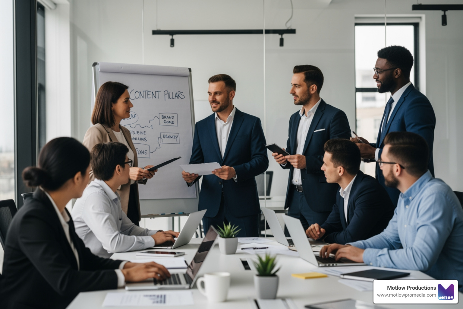 corporate strategy meeting with diverse stakeholders discussing content pillars and brand goals - corporate content creation