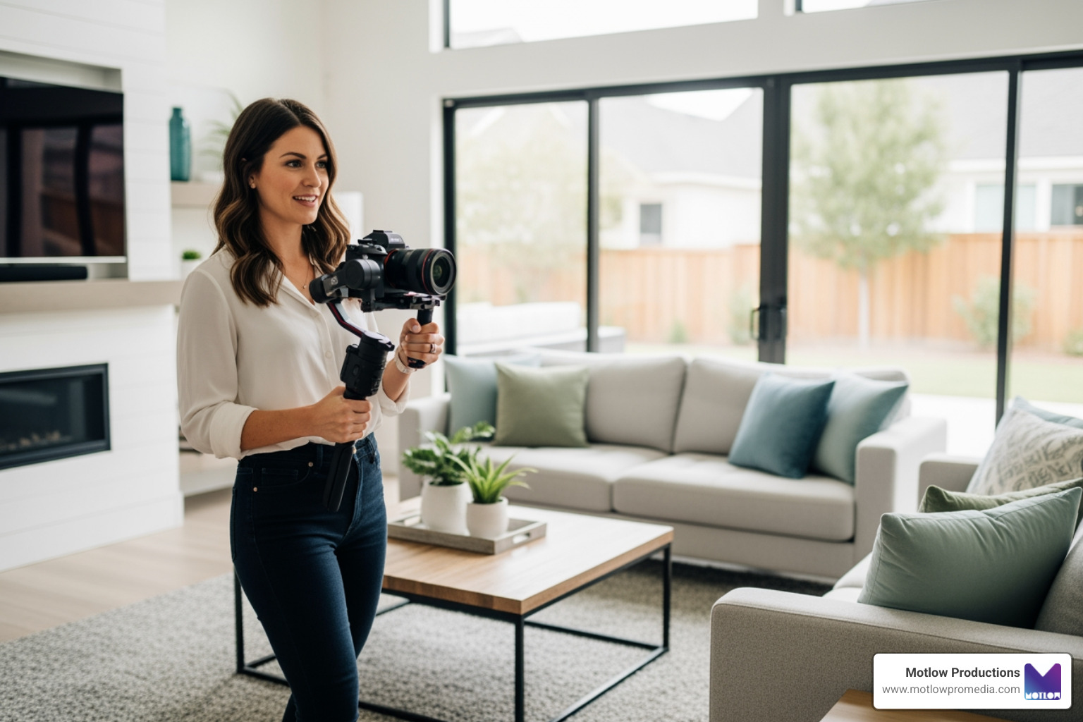 A real estate agent filming a walkthrough of a modern living room using a professional camera setup and a stabilizer, emphasizing the personal touch in property marketing - Real estate video production