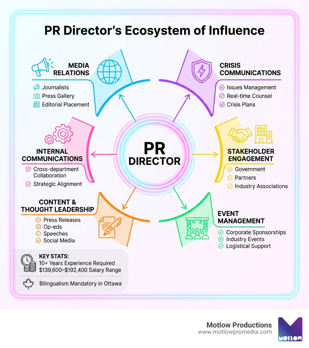 Infographic showing the PR Director's ecosystem of influence: at the center is the PR Director, with spokes connecting to Media Relations (journalists, press gallery, editorial placement), Crisis Communications (issues management, real-time counsel, crisis plans), Internal Communications (cross-department collaboration, strategic alignment), Stakeholder Engagement (government, partners, industry associations), Content and Thought Leadership (press releases, op-eds, speeches, social media), and Event Management (corporate sponsorships, industry events, logistical support) — annotated with key stats: 10+ years experience required, $139,600–$192,400 salary range, bilingualism mandatory in Ottawa - director public relations infographic 