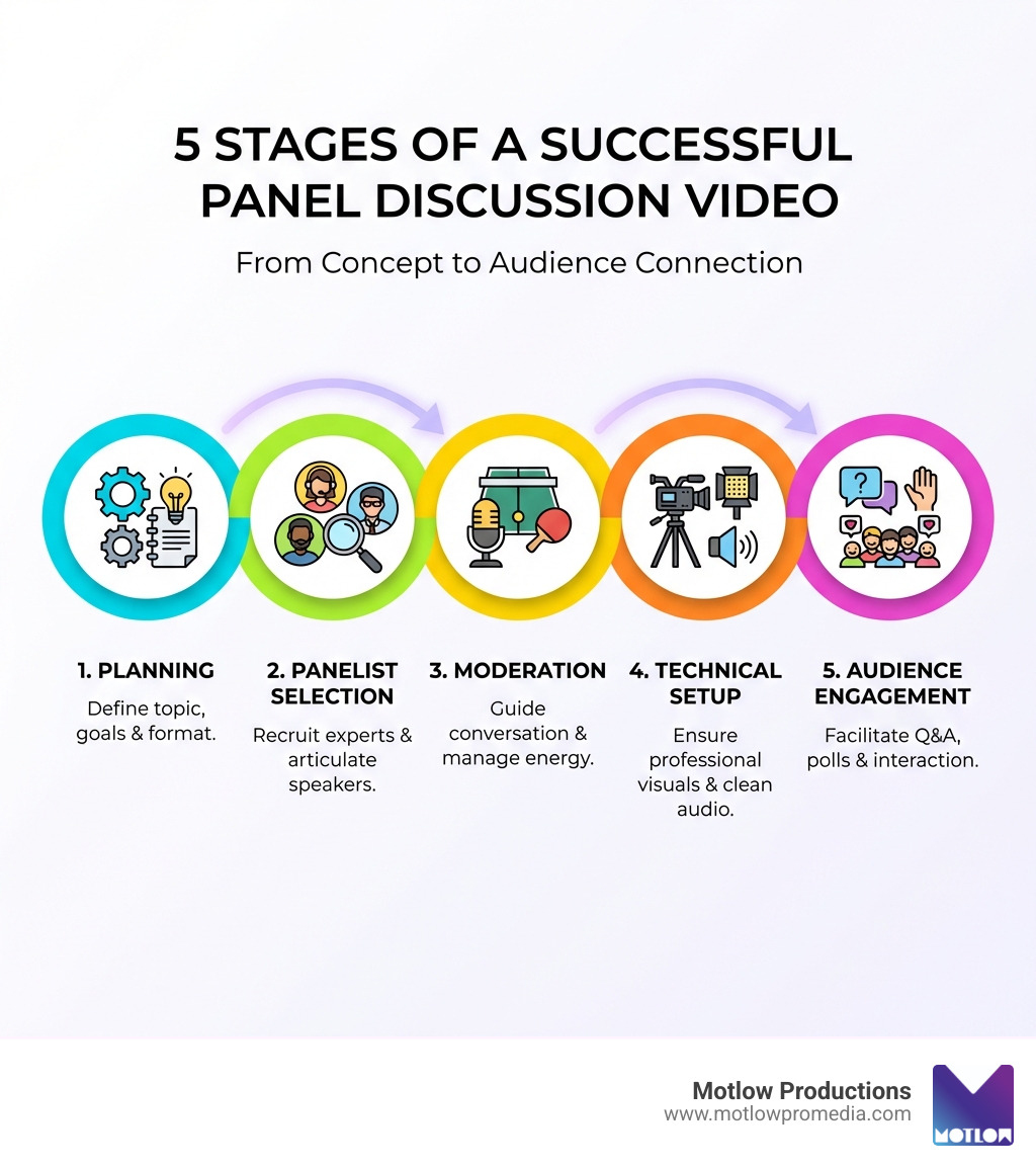 5 stages of a successful panel discussion video: planning, panelist selection, moderation, technical setup, and audience 5 stages of a successful panel discussion video: planning, panelist selection, moderation, technical setup, and audience