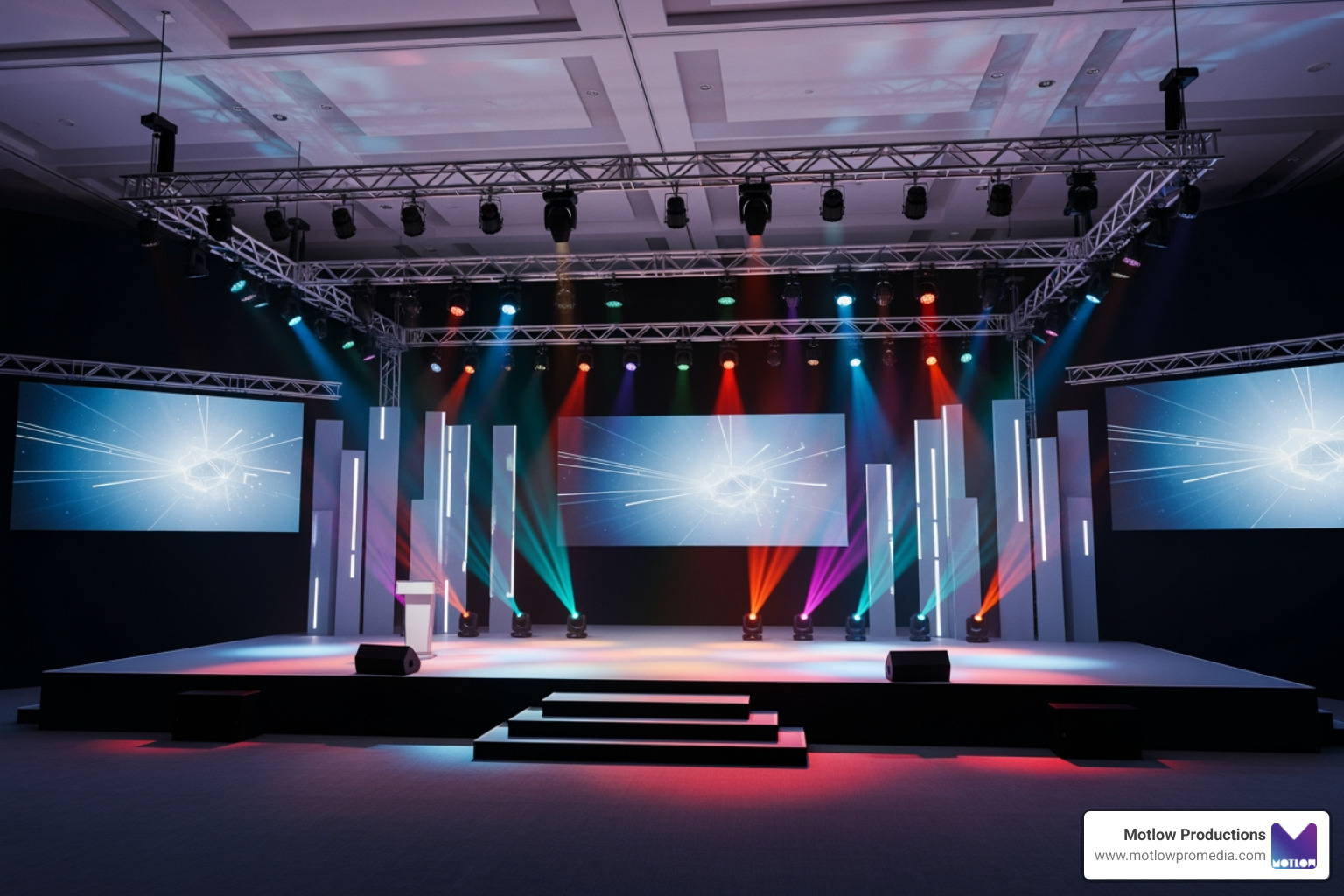 3D stage design rendering showing lighting and screen placement - corporate event production 3D stage design rendering showing lighting and screen placement - corporate event production
