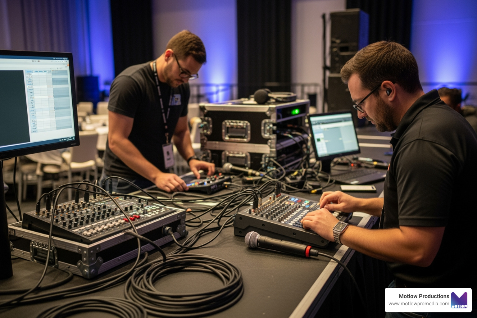 Technicians meticulously setting up audio-visual equipment and testing signal paths - event technical support Technicians meticulously setting up audio-visual equipment and testing signal paths - event technical support