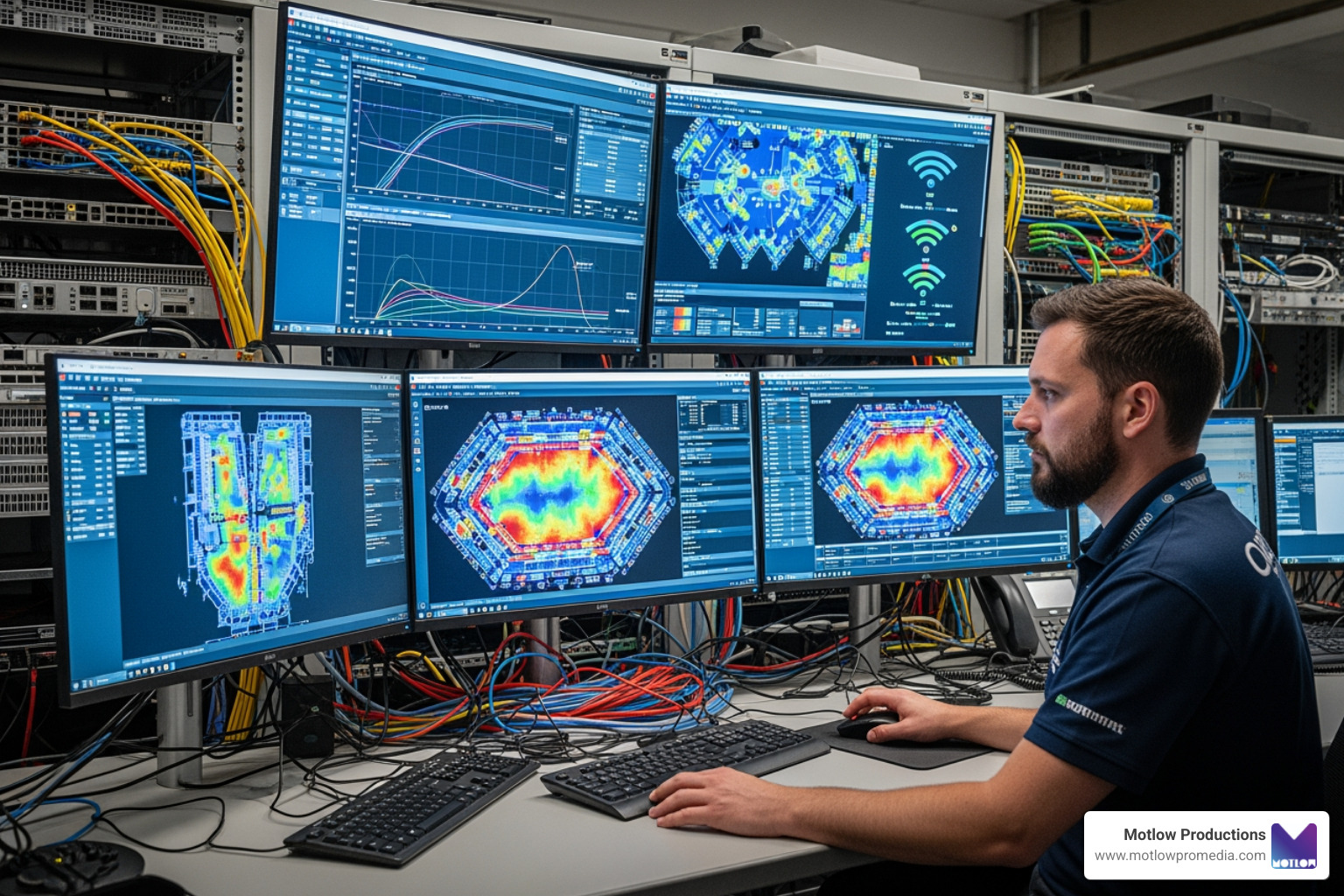 A lead technician monitoring network connectivity and signal strength on multiple displays - event technical support A lead technician monitoring network connectivity and signal strength on multiple displays - event technical support