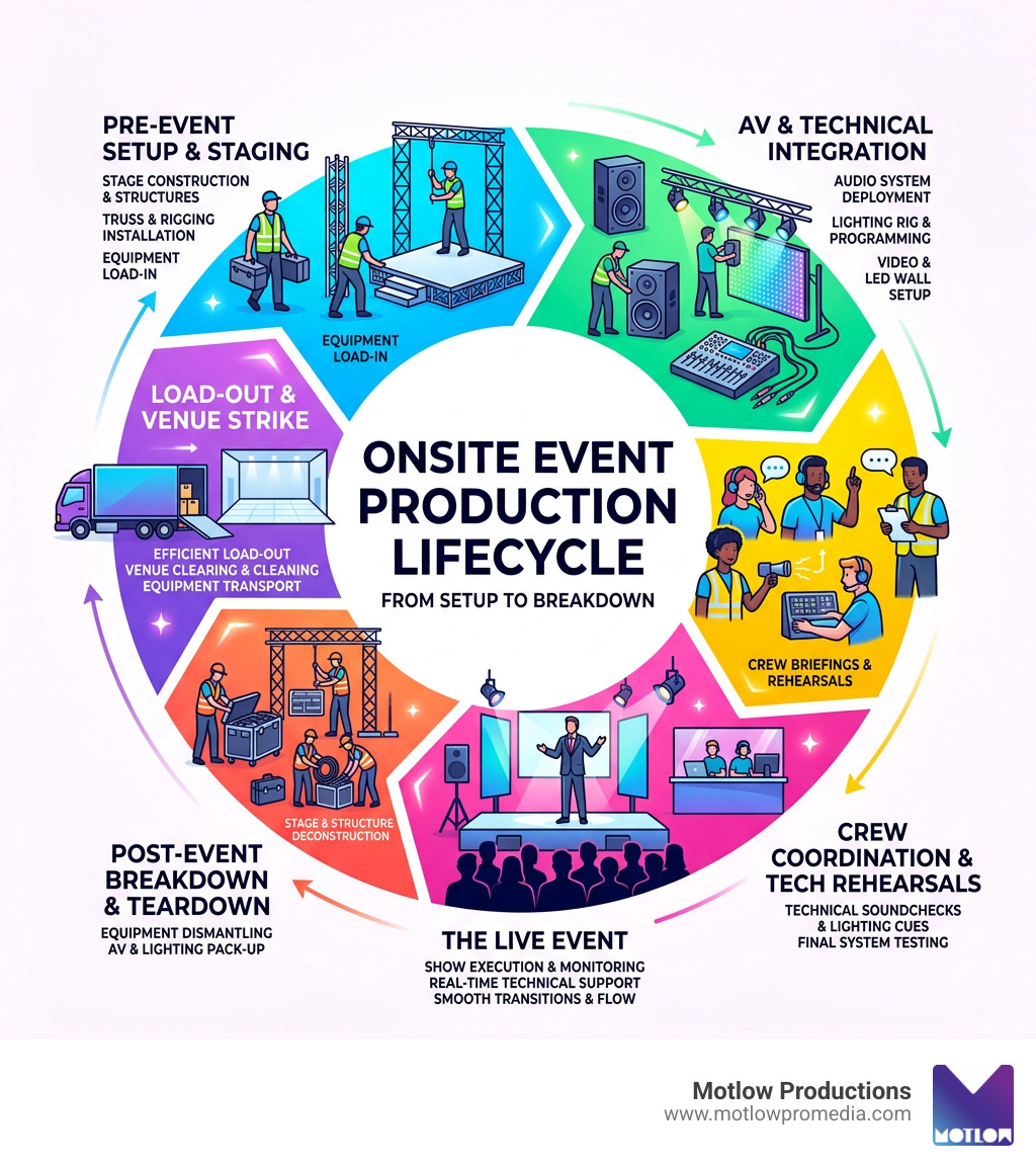 Onsite event production lifecycle from setup to breakdown including AV, staging, crew, and teardown - onsite event Onsite event production lifecycle from setup to breakdown including AV, staging, crew, and teardown - onsite event