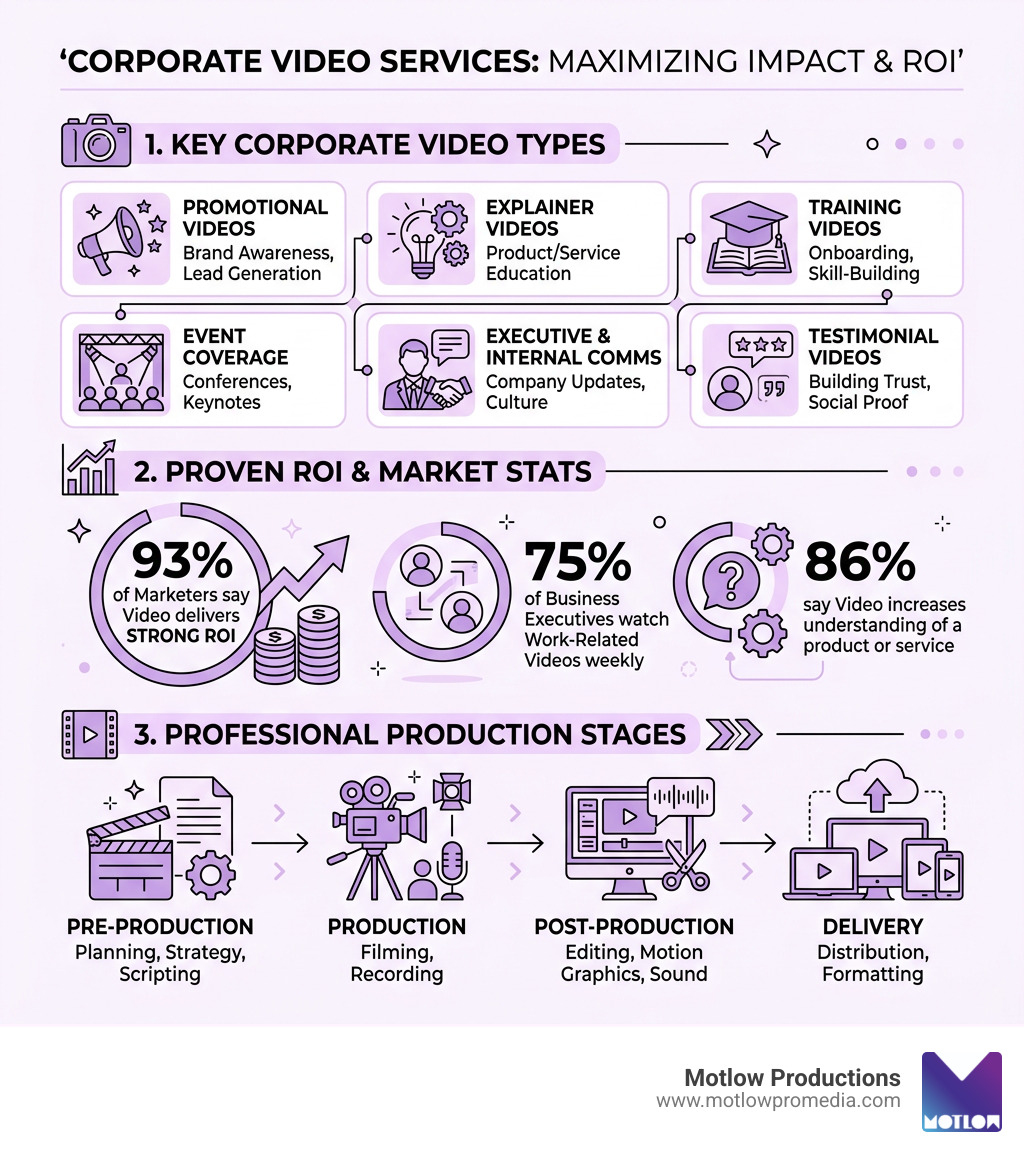 infographic showing corporate video types, ROI stats, and production stages - corporate video services infographic infographic showing corporate video types, ROI stats, and production stages - corporate video services infographic