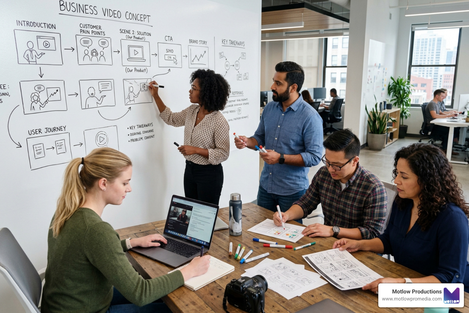 Creative team storyboarding a business video project - Business video production company