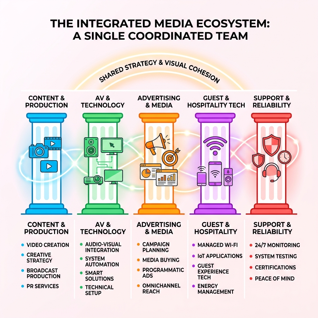 Infographic showing the integrated media ecosystem: content, AV, advertising, guest tech, and support as interconnected