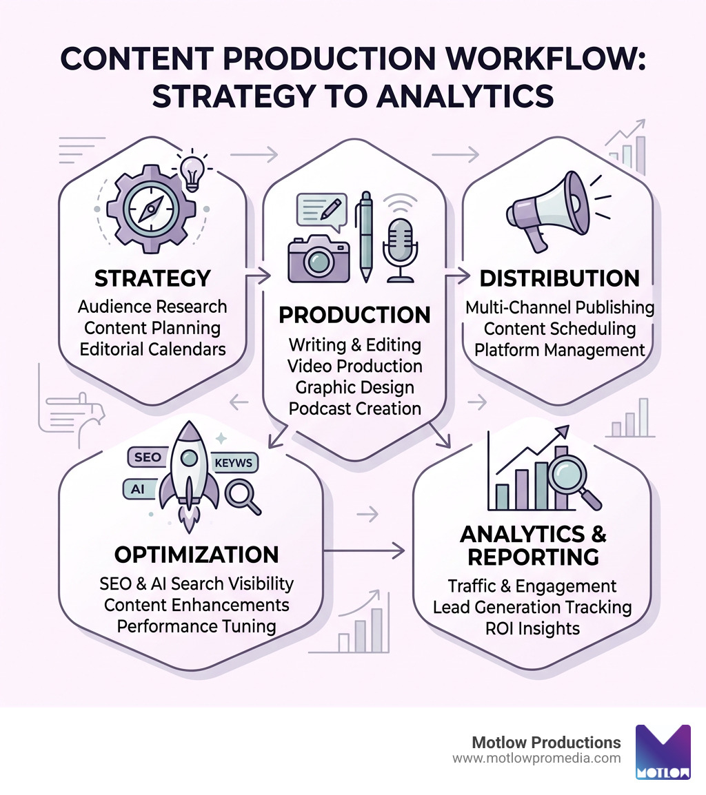 Content production workflow from strategy to distribution and analytics - Content creation agency infographic 