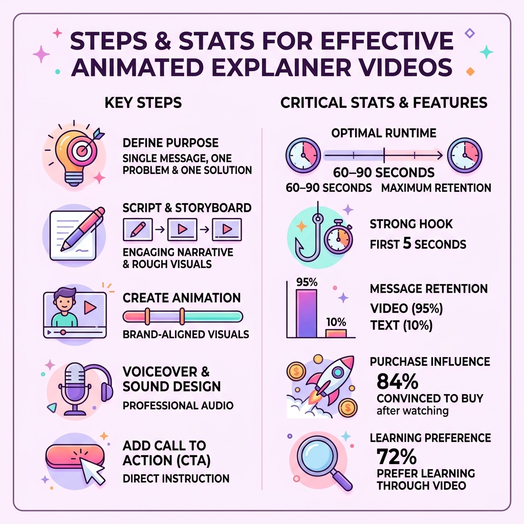 Infographic showing key steps and stats for creating effective animated explainer videos - Animated explainer videos