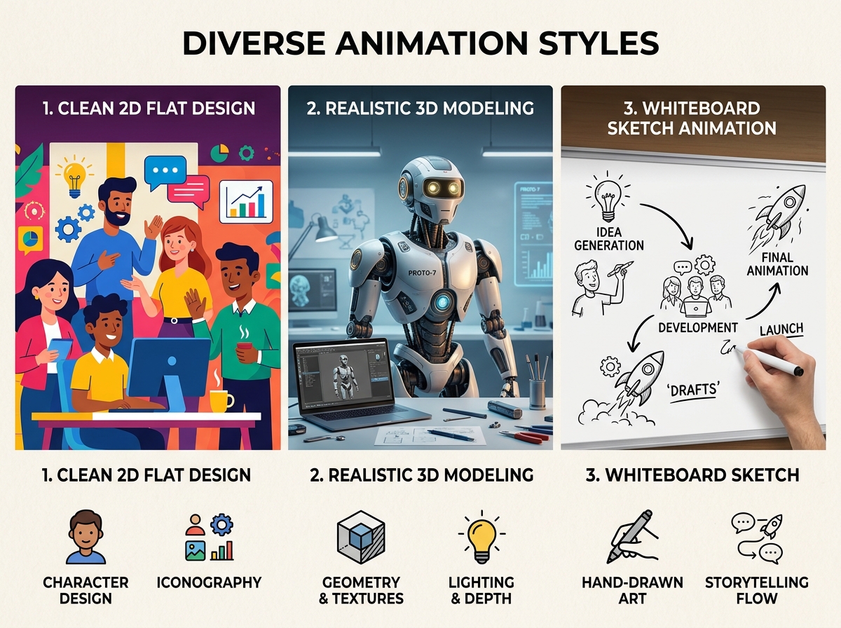 Various animation style frames showing 2D, 3D, and whiteboard styles - Animated explainer videos