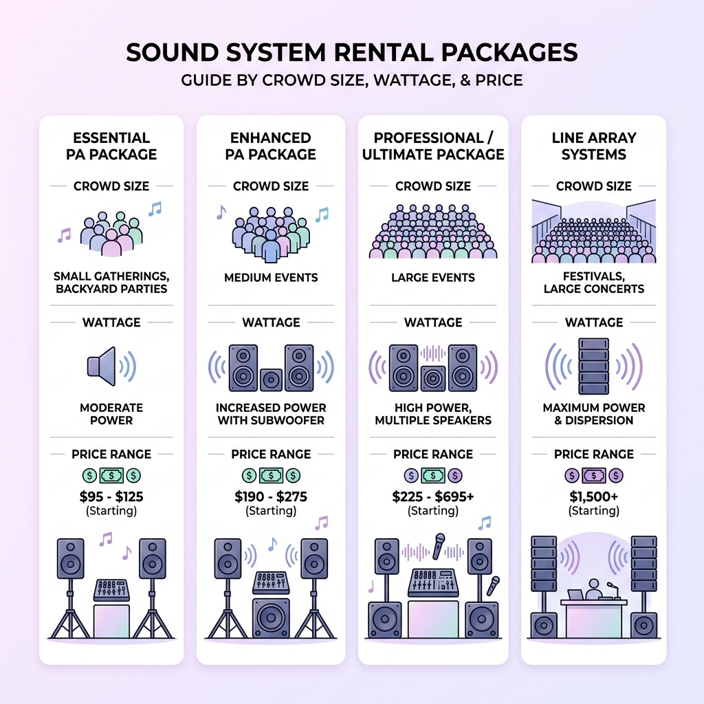 Infographic: sound system rental packages by crowd size, wattage, and price range - sound system rental infographic 