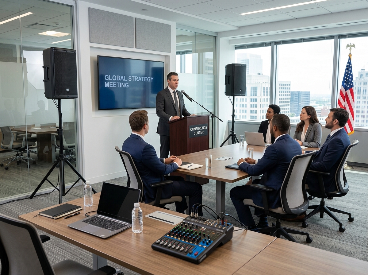 Small PA system setup for a corporate meeting - sound system rental