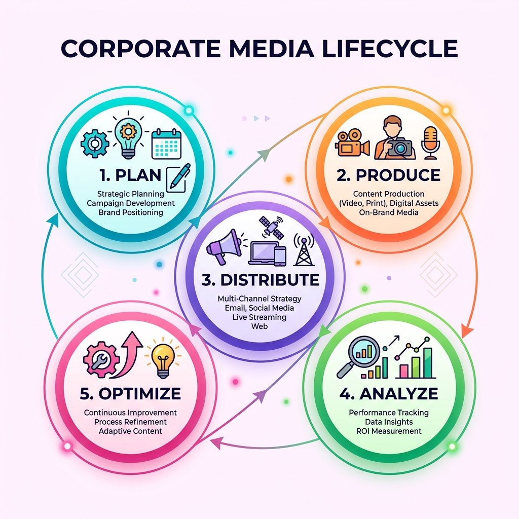 Corporate media lifecycle infographic: Plan → Produce → Distribute → Analyze → Optimize - corporate media solutions