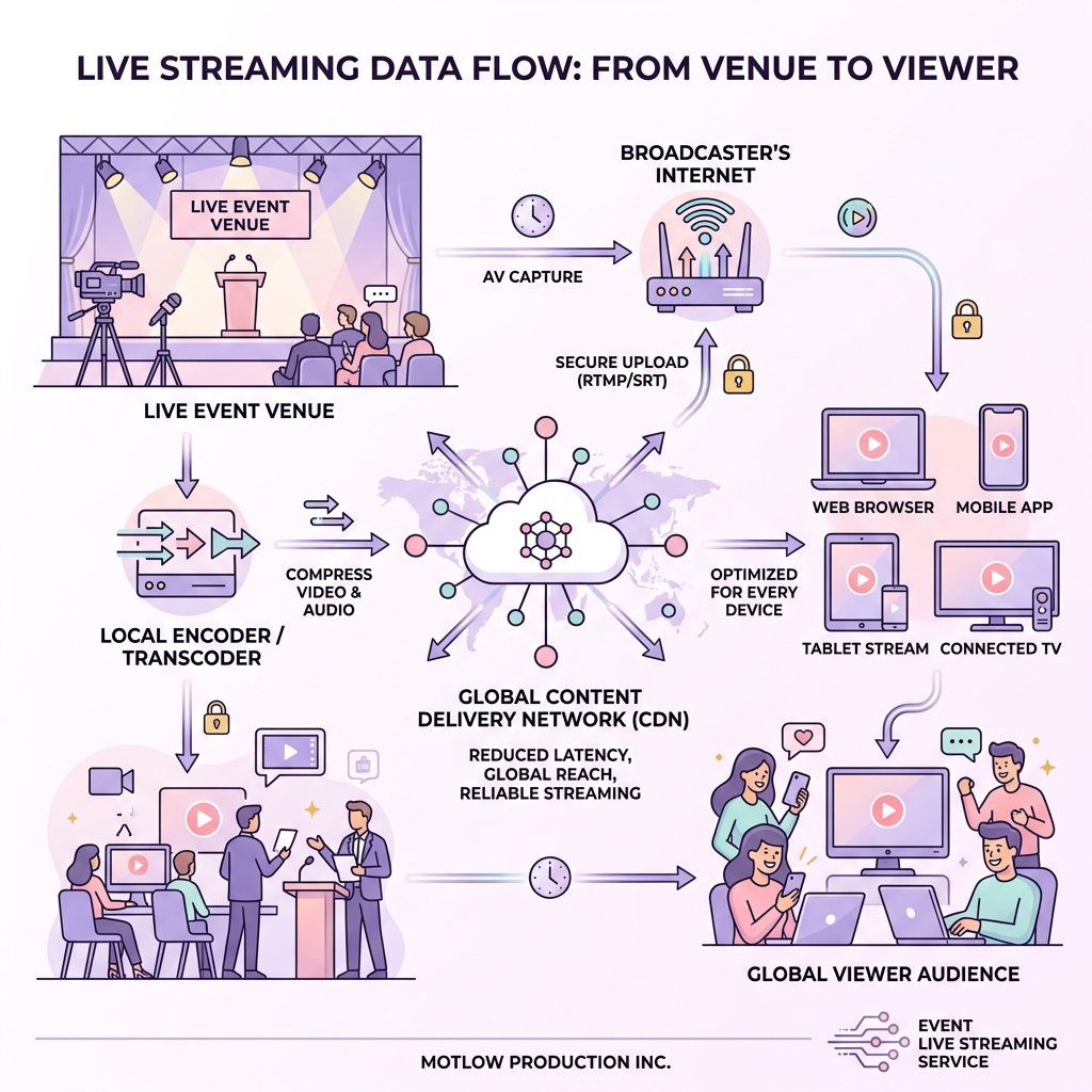 Infographic showing live stream data flow from venue to viewer, including encoder, CDN, and multi-platform delivery - event