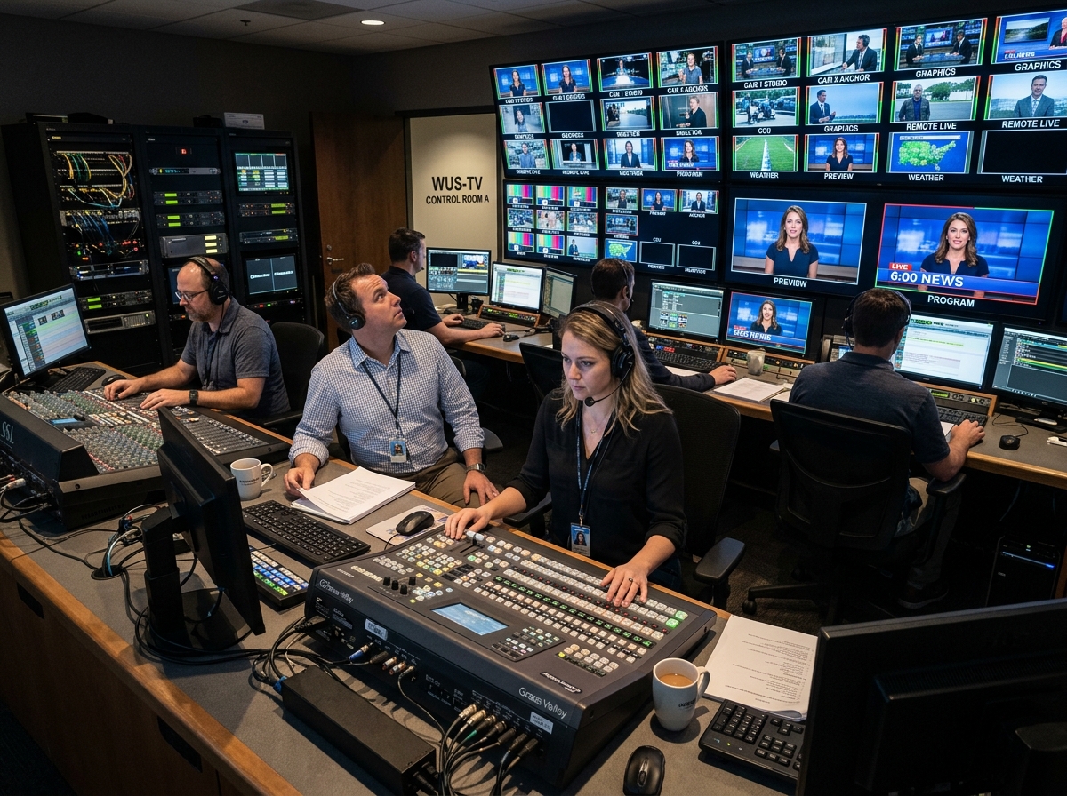Professional multi-camera control room with video switchers and monitoring screens - event live streaming service