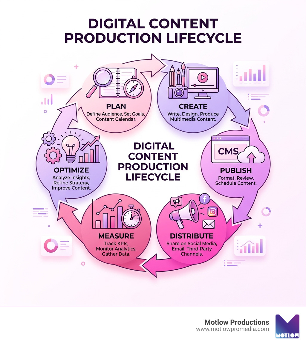 Digital content production lifecycle infographic: Plan > Create > Publish > Distribute > Measure > Optimize - Digital