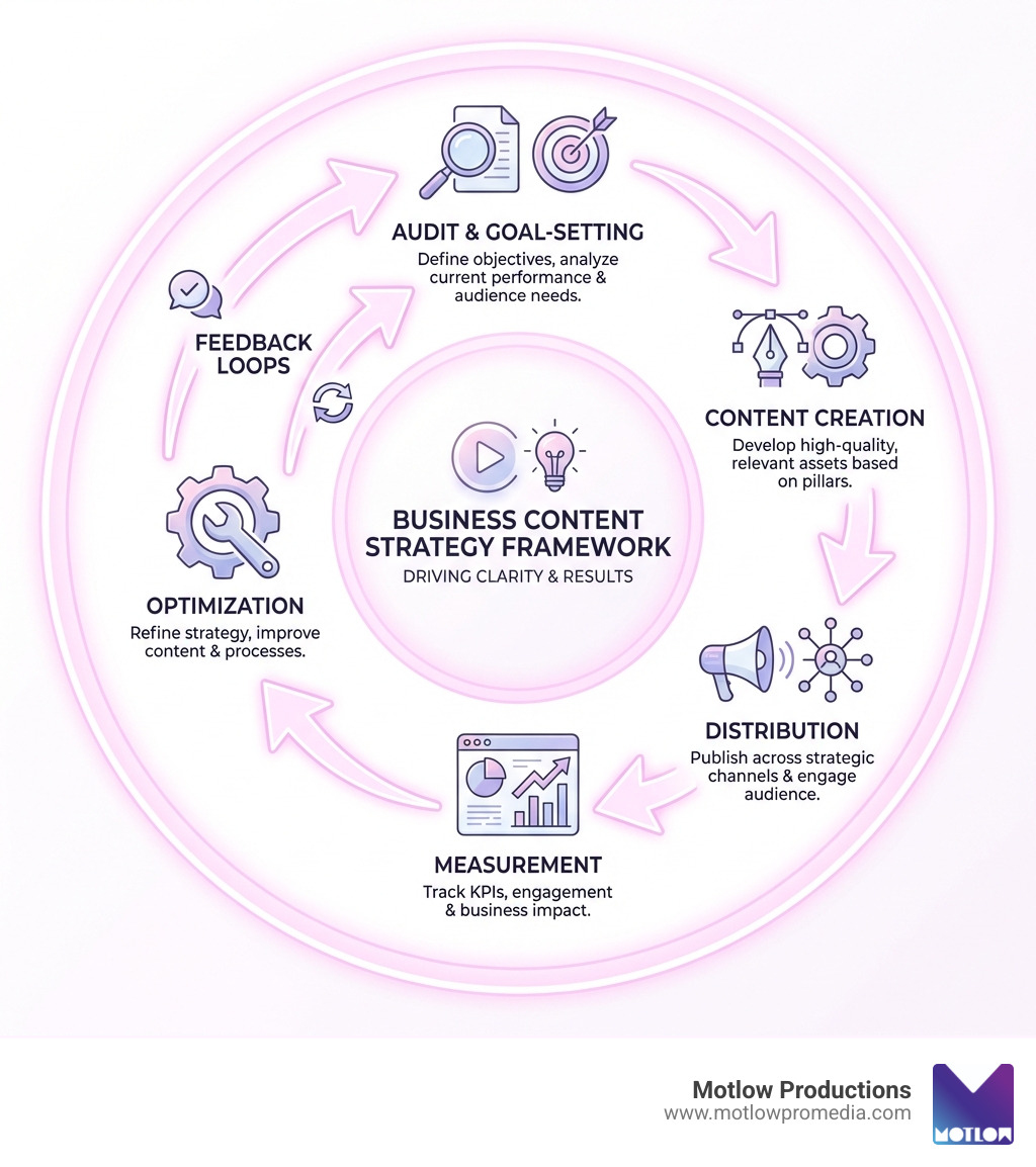 business content strategy framework infographic showing the complete lifecycle from audit and goal-setting through content creation, distribution, measurement, and optimization with feedback loops - business content strategy infographic 