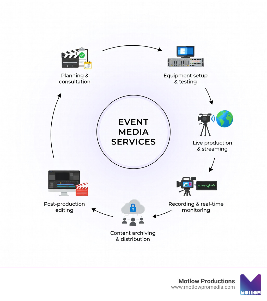 Event Media Services Workflow: Planning & consultation → Equipment setup & testing → Live production & streaming → Recording & real-time monitoring → Post-production editing → Content archiving & distribution - event media services infographic 