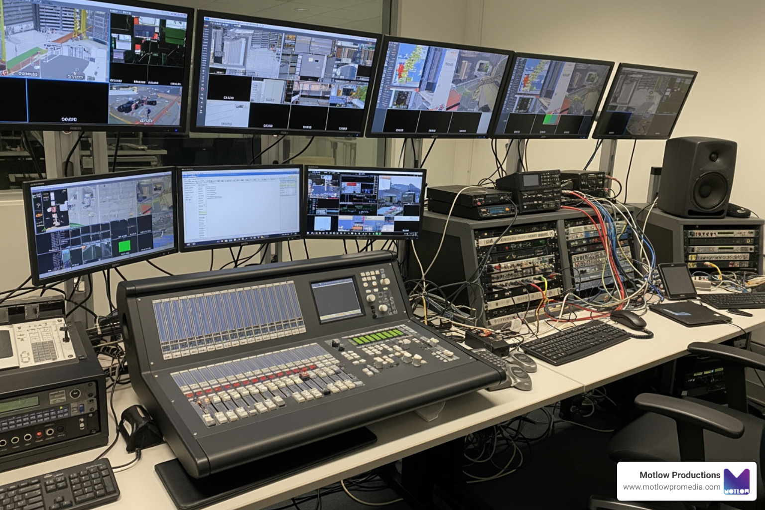 A professional multi-camera switcher setup in a control room - event media services