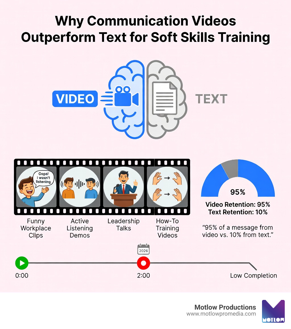 Infographic showing why communication videos outperform text for soft skills training: video improves retention by engaging visual and auditory senses simultaneously; viewers retain 95% of a message from video vs. 10% from text; soft skills like body language and active listening are best demonstrated visually; funny or relatable video examples increase engagement and behavioral change; videos under 2 minutes have the highest completion rates for training content - communication videos infographic Infographic showing why communication videos outperform text for soft skills training: video improves retention by engaging visual and auditory senses simultaneously; viewers retain 95% of a message from video vs. 10% from text; soft skills like body language and active listening are best demonstrated visually; funny or relatable video examples increase engagement and behavioral change; videos under 2 minutes have the highest completion rates for training content - communication videos infographic