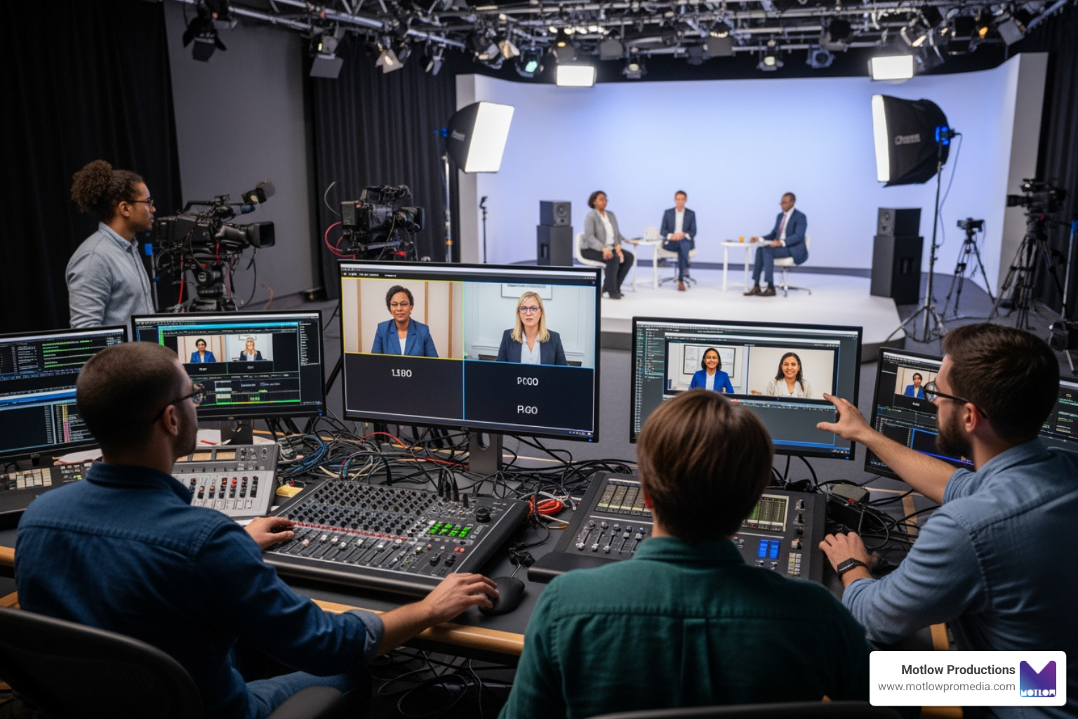 technical rehearsal in progress with a moderator and three panelists on screen - Panel discussion video technical rehearsal in progress with a moderator and three panelists on screen - Panel discussion video