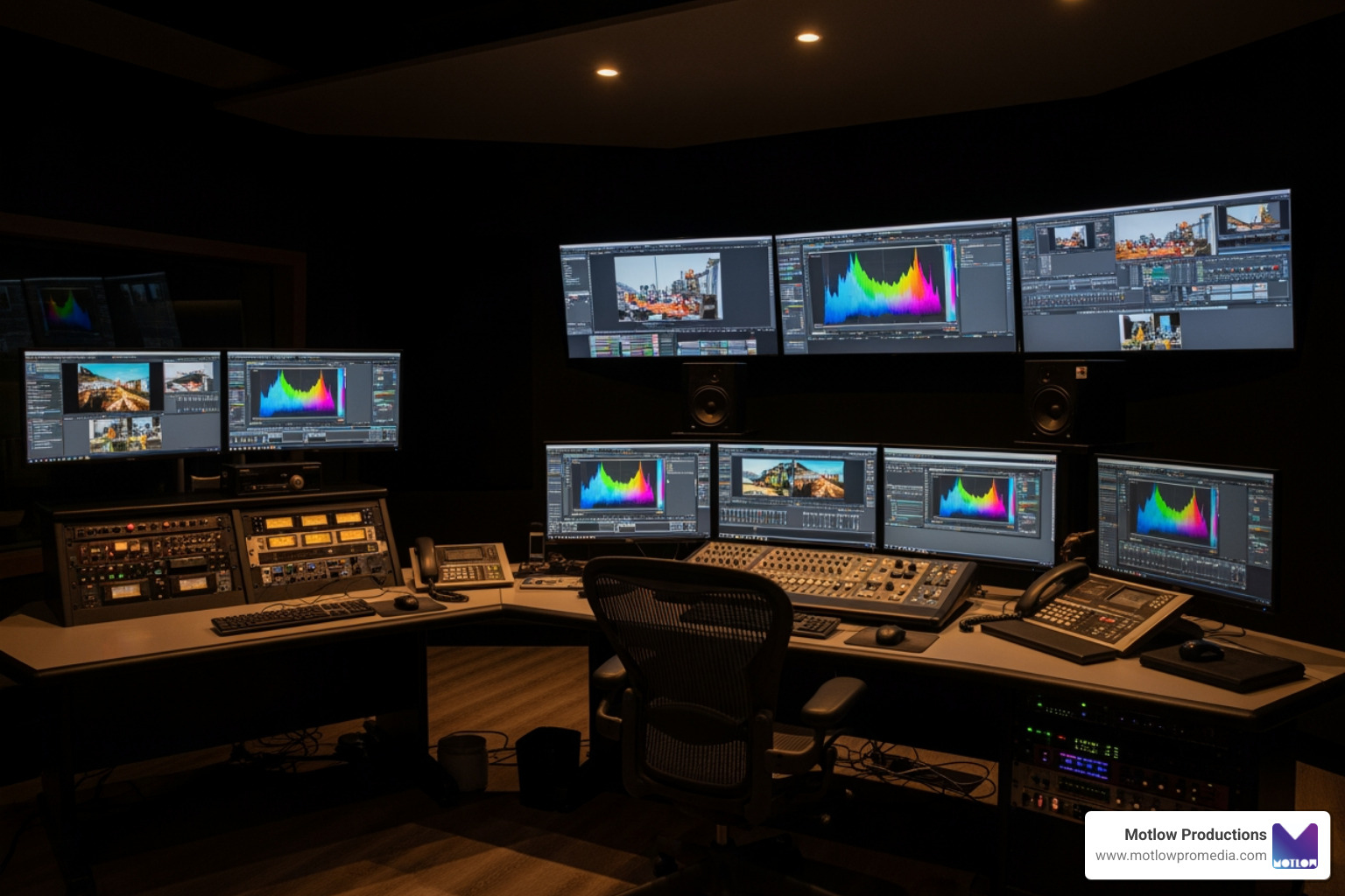 high-end post-production suite with multiple monitors and color grading equipment - media production company high-end post-production suite with multiple monitors and color grading equipment - media production company