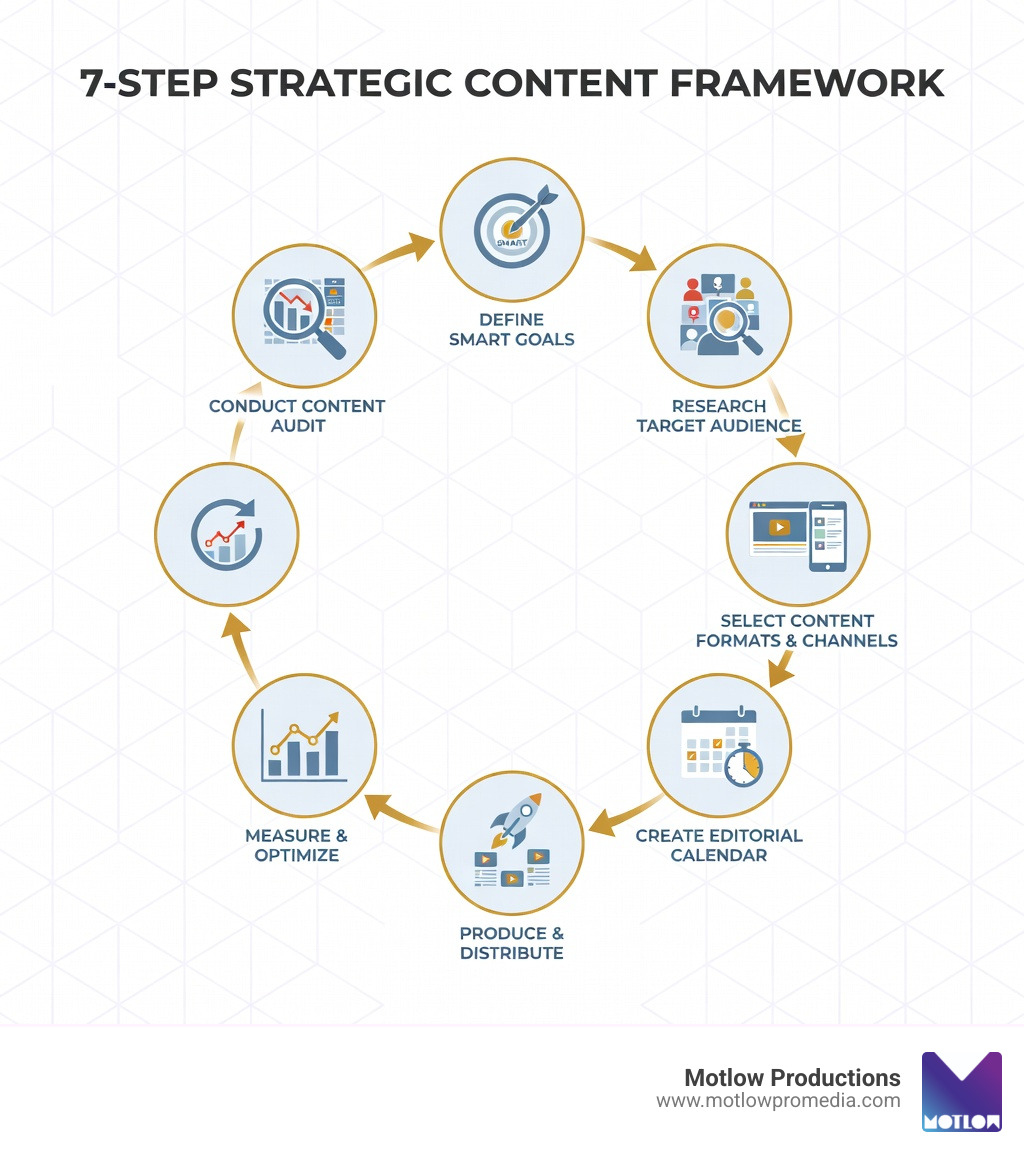 Infographic showing the 7-step strategic content framework: 1. Conduct content audit to assess current performance, 2. Define SMART goals aligned with business objectives, 3. Research target audience needs and behaviors, 4. Select content formats and channels, 5. Create editorial calendar with governance, 6. Produce and distribute content with quality controls, 7. Measure performance and optimize based on data - strategic content planning infographic 