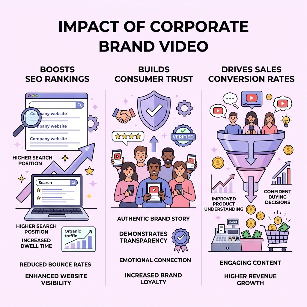infographic showing video impact on SEO rankings, consumer trust, and sales conversion rates - corporate brand video infographic showing video impact on SEO rankings, consumer trust, and sales conversion rates - corporate brand video