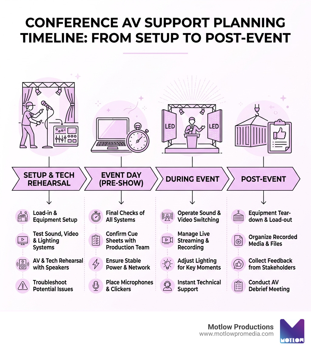 Conference AV support planning timeline infographic from setup to post-event - Conference AV support infographic Conference AV support planning timeline infographic from setup to post-event - Conference AV support infographic
