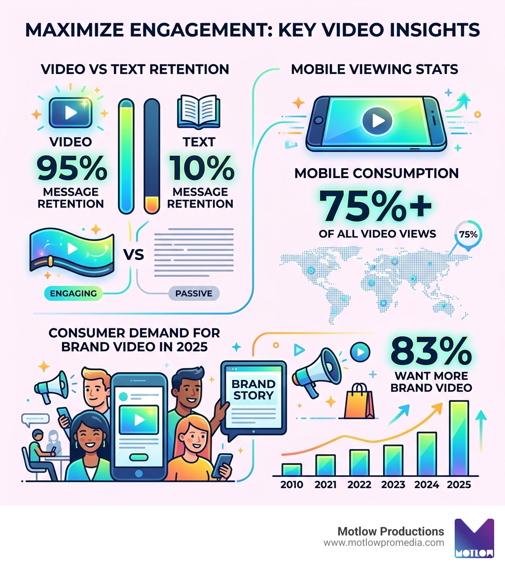 Infographic showing video vs text retention, mobile viewing stats, and consumer demand for brand video in 2025 - Engaging Infographic showing video vs text retention, mobile viewing stats, and consumer demand for brand video in 2025 - Engaging