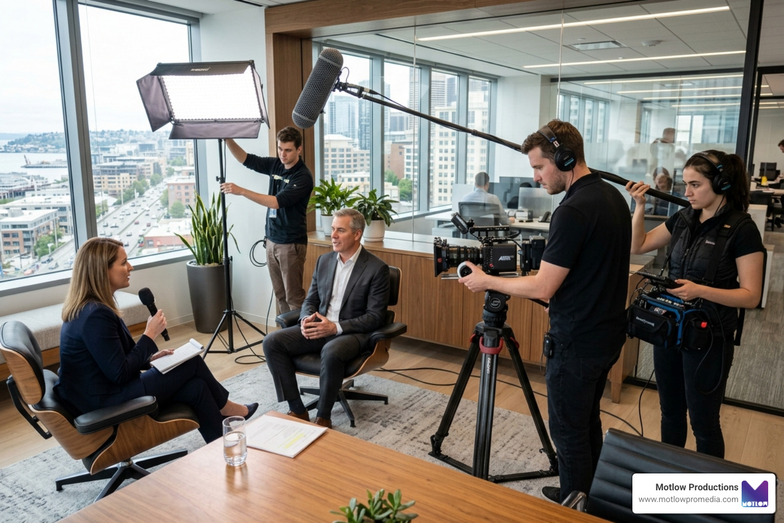 professional camera crew filming a corporate interview in a modern office - internal comms video agency professional camera crew filming a corporate interview in a modern office - internal comms video agency
