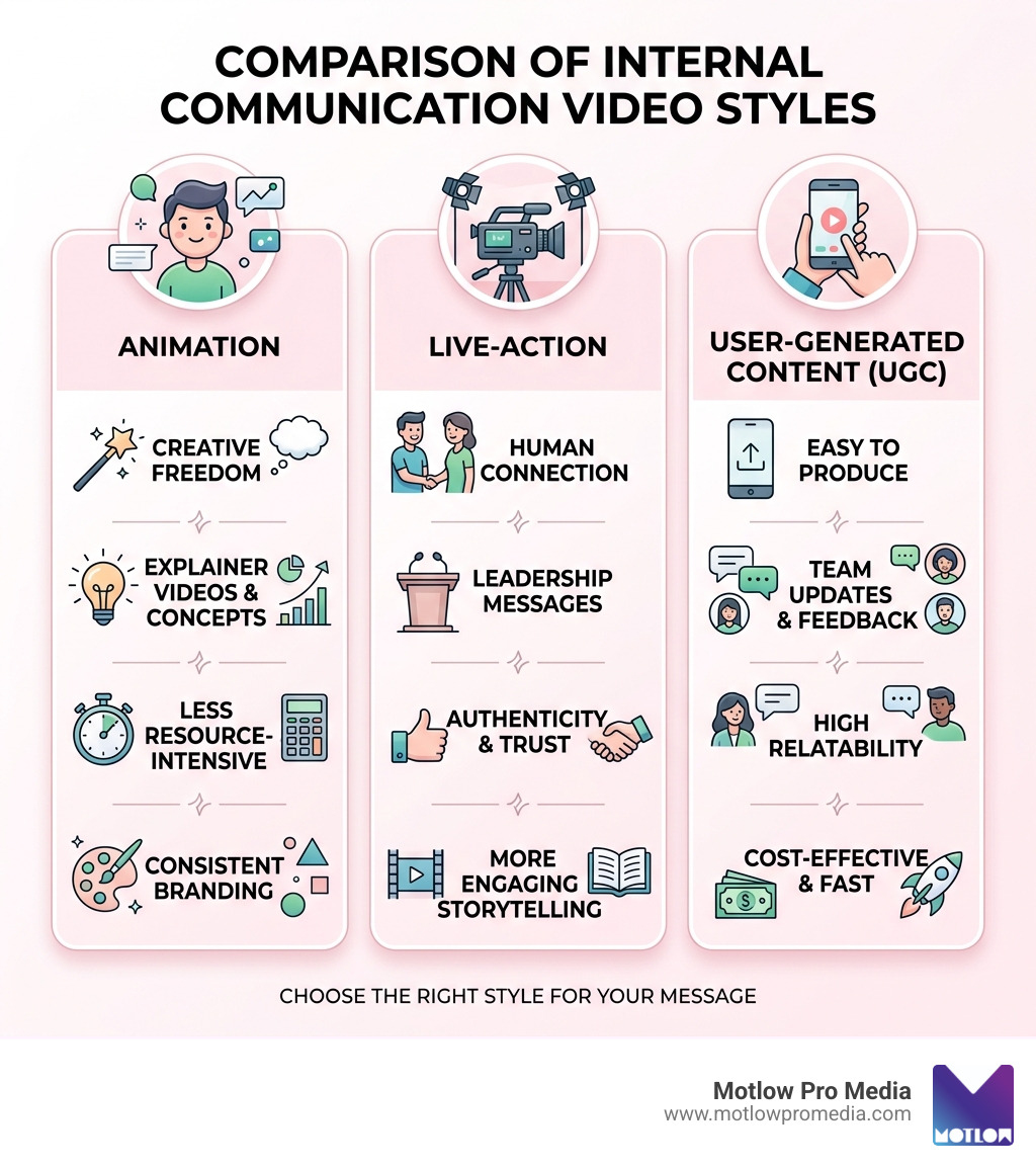 Infographic comparing animation, live-action, and user-generated internal video styles infographic Infographic comparing animation, live-action, and user-generated internal video styles infographic
