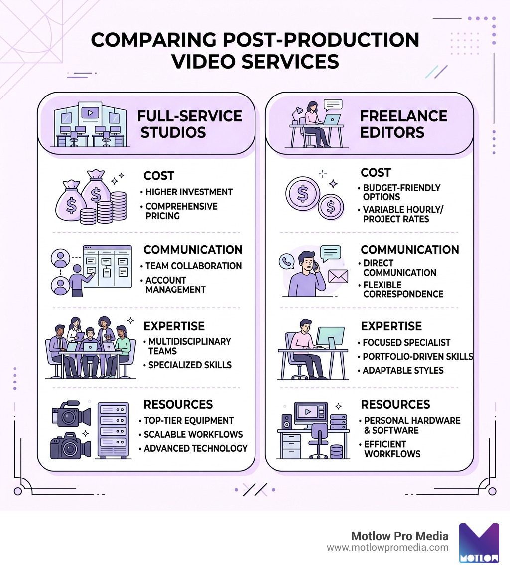 Infographic comparing full-service studios vs freelance editors infographic Infographic comparing full-service studios vs freelance editors infographic