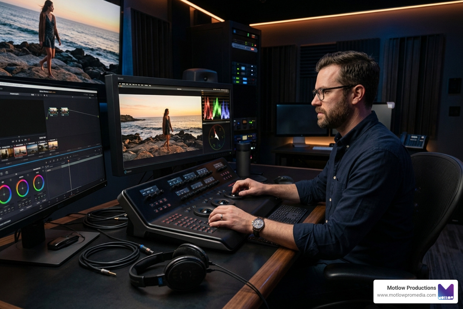 A professional colorist using a grading panel to adjust image tones - Post-production video services A professional colorist using a grading panel to adjust image tones - Post-production video services