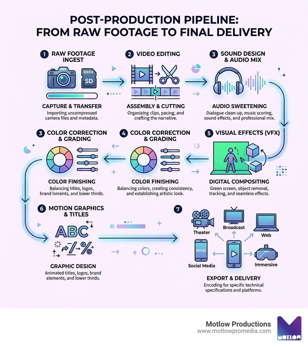 End-to-end post-production pipeline from raw footage to final delivery formats - Post-production video services infographic End-to-end post-production pipeline from raw footage to final delivery formats - Post-production video services infographic