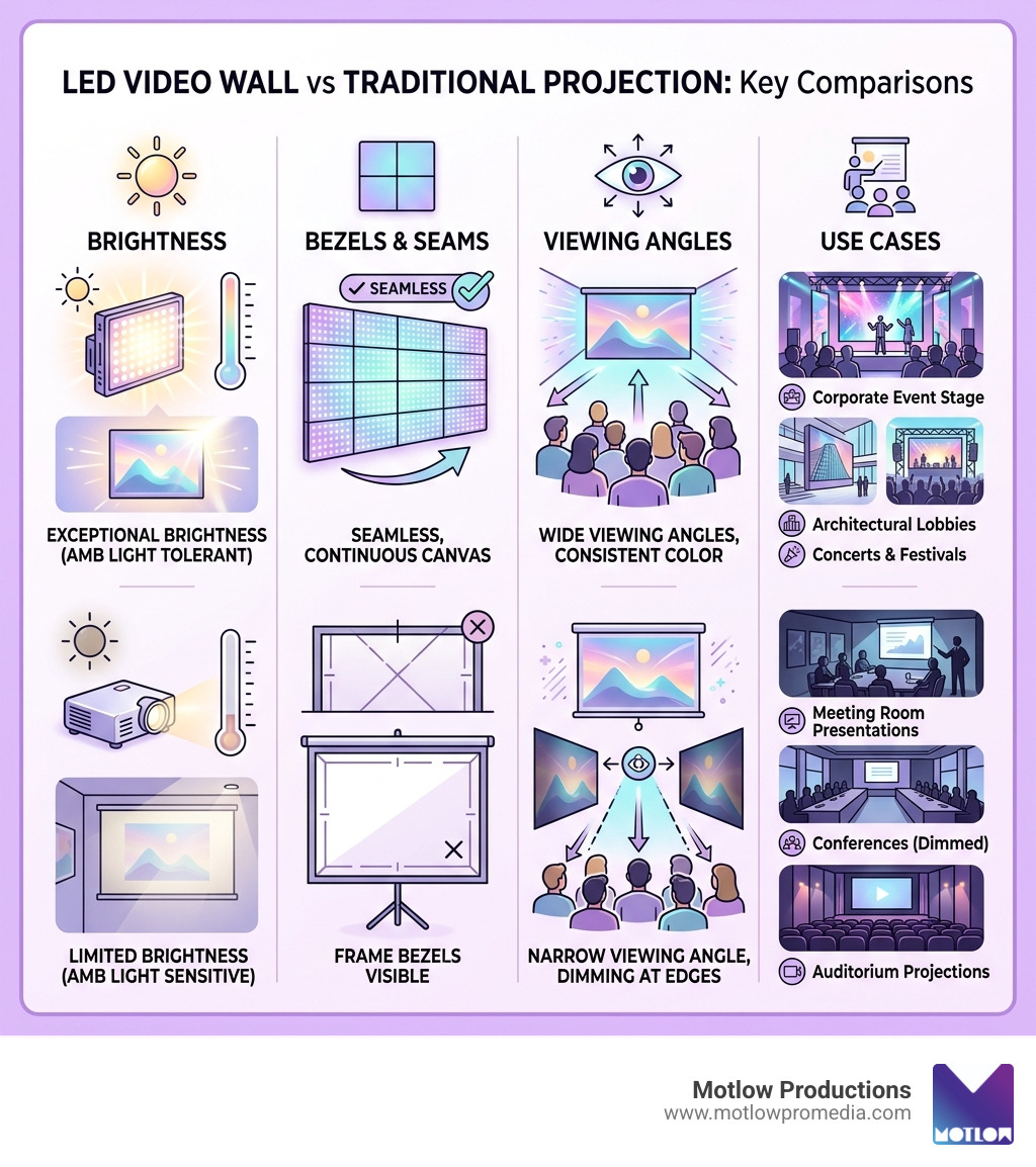 LED video wall vs traditional projection: brightness, bezels, viewing angles, and use cases compared - LED video wall LED video wall vs traditional projection: brightness, bezels, viewing angles, and use cases compared - LED video wall