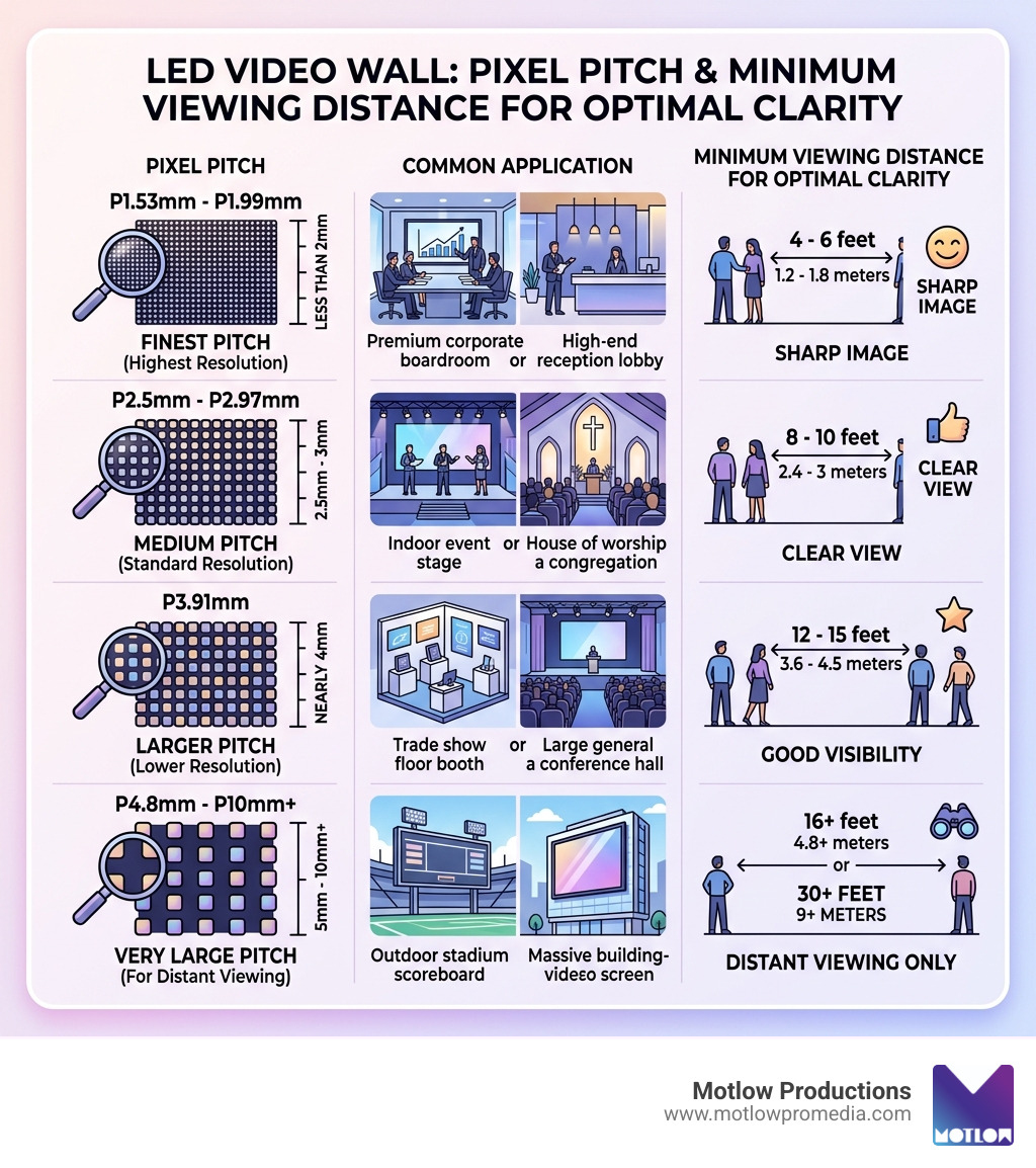 Comparison table of pixel pitch and minimum viewing distance for optimal clarity - LED video wall infographic 