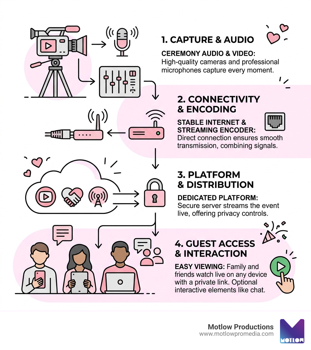 Infographic showing wedding streaming ecosystem from camera to viewer, including connectivity, platforms, and guest access Infographic showing wedding streaming ecosystem from camera to viewer, including connectivity, platforms, and guest access