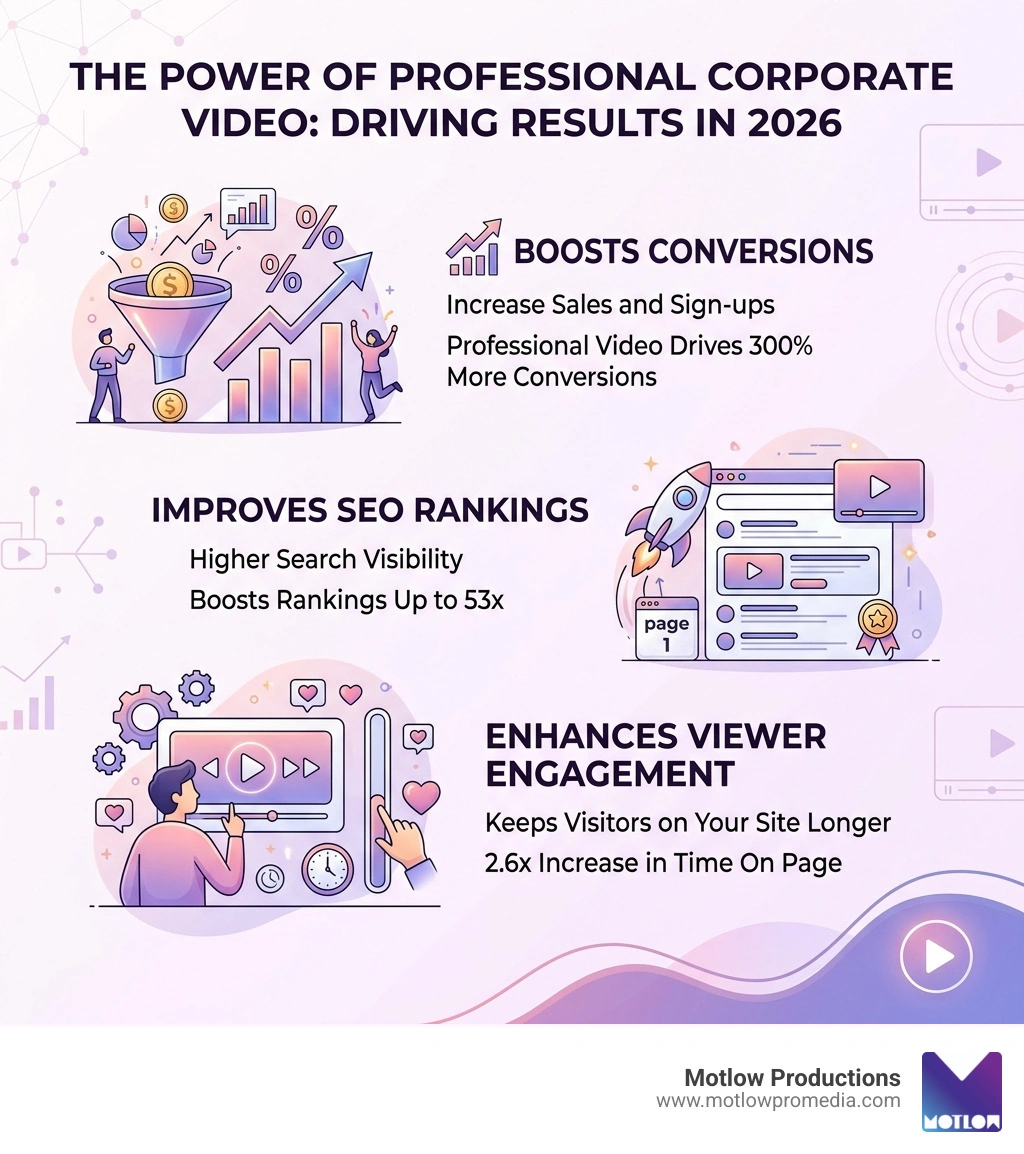 Infographic showing impact of professional corporate video on conversions, SEO rankings, and viewer engagement Infographic showing impact of professional corporate video on conversions, SEO rankings, and viewer engagement