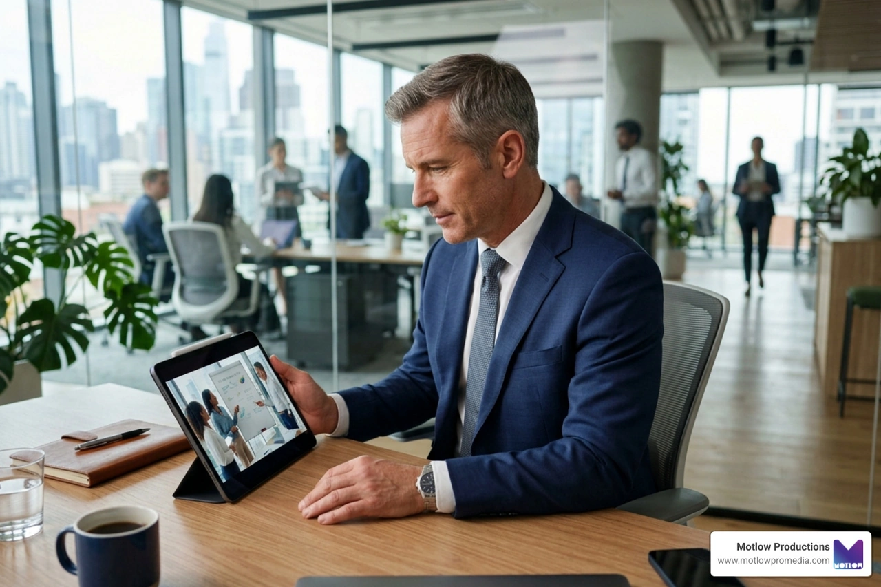 Business executive watching a professional corporate video on a tablet - professional corporate video Business executive watching a professional corporate video on a tablet - professional corporate video
