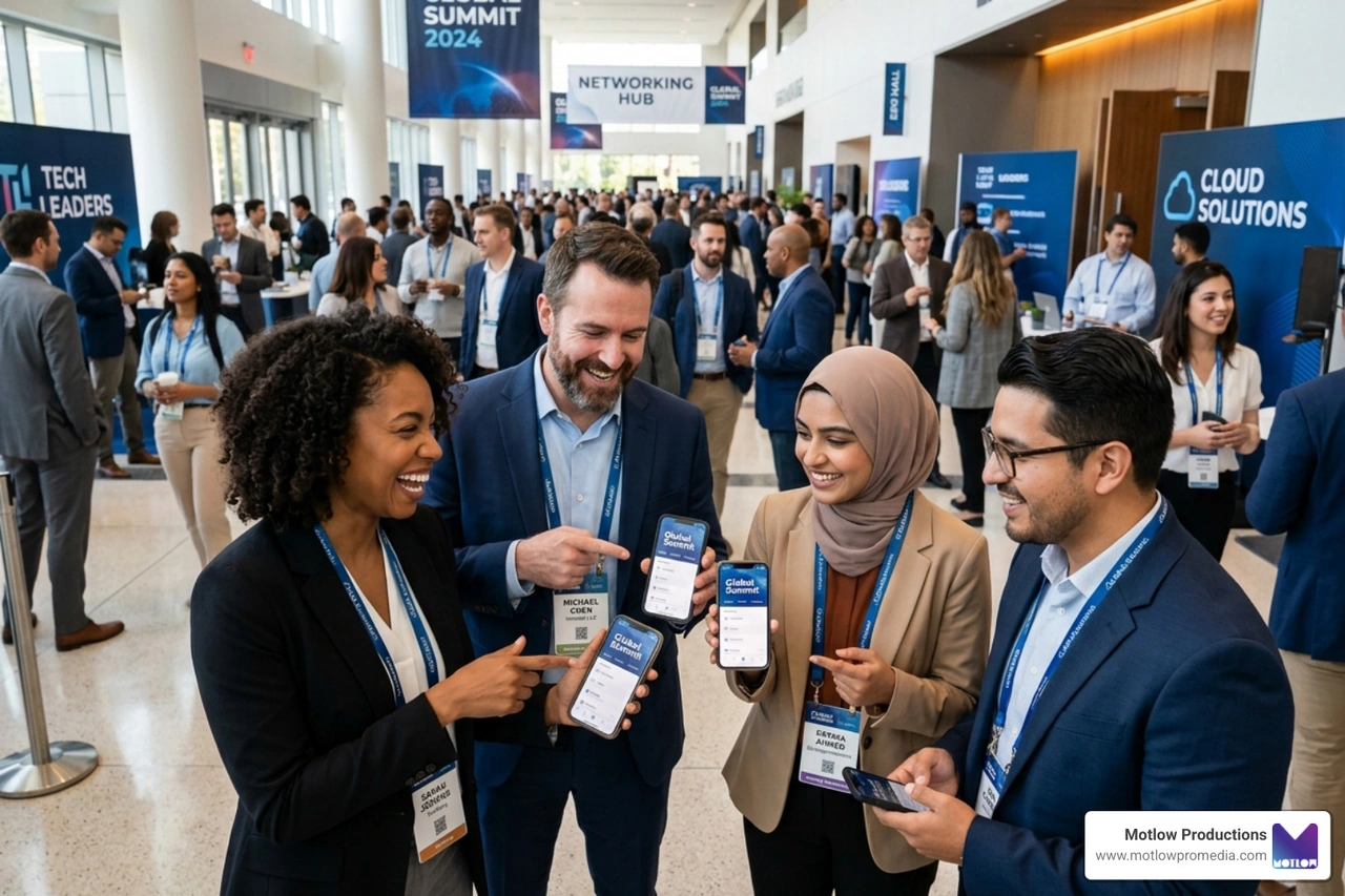 attendees interacting with a custom event app - custom event solutions attendees interacting with a custom event app - custom event solutions